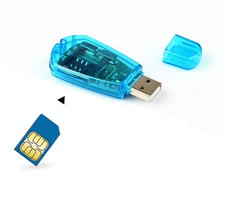 Blue mobile phone SIM card reader with USB 2.0 connector for computer data transfer