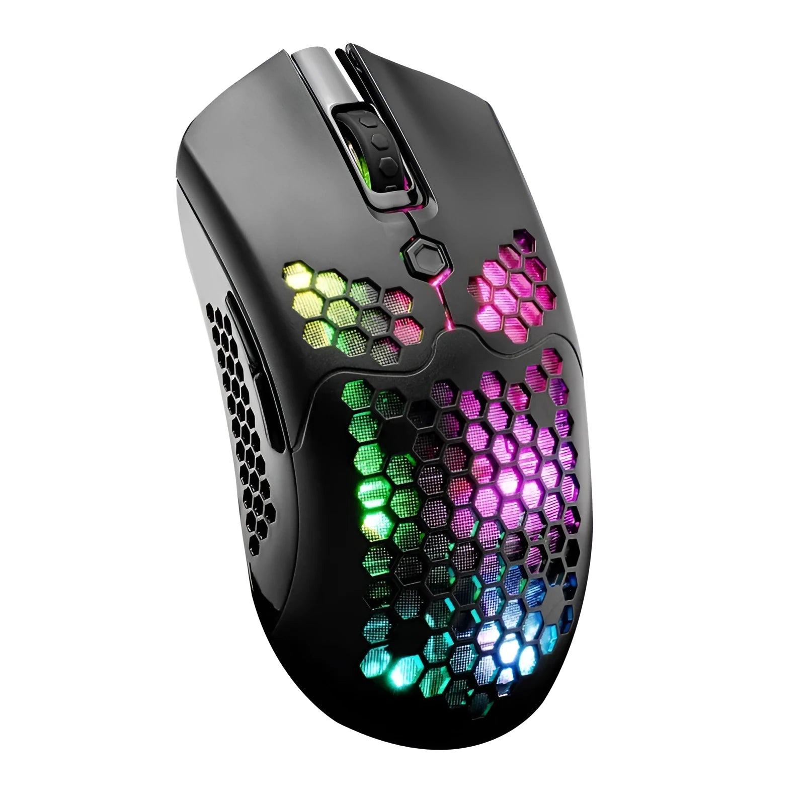 Free Wolf X2 wireless gaming mouse in black on a desk, showing RGB lighting, side buttons, and USB-C charging port.
