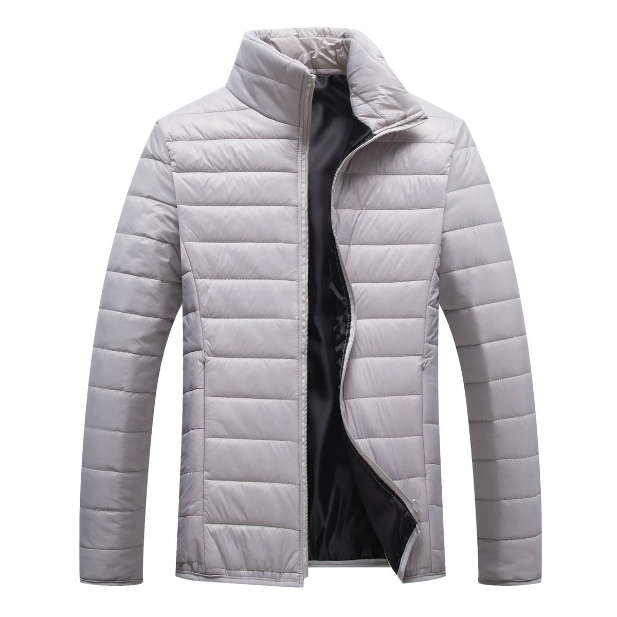 Men's hooded cotton padded jacket with candy-coloured zipper in black, grey, green, navy blue, red or sapphire blue.