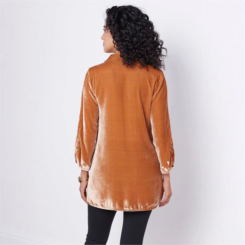 Gold Velvet Bell Sleeve Shirt with lapel slit front, loose fit, light blue colour, long sleeves with flared cuffs