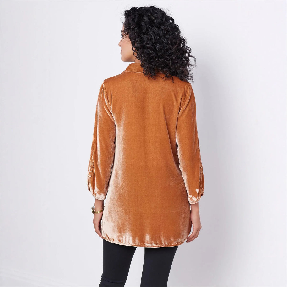 Gold Velvet Bell Sleeve Shirt with lapel slit front, loose fit, light blue colour, long sleeves with flared cuffs