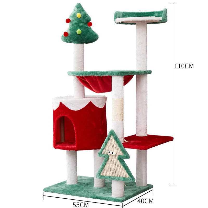 Cat scratching post with integrated toy in Christmas colours made from density plate