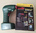 Compact black 12V portable car tyre inflator with digital display screen and LED light.