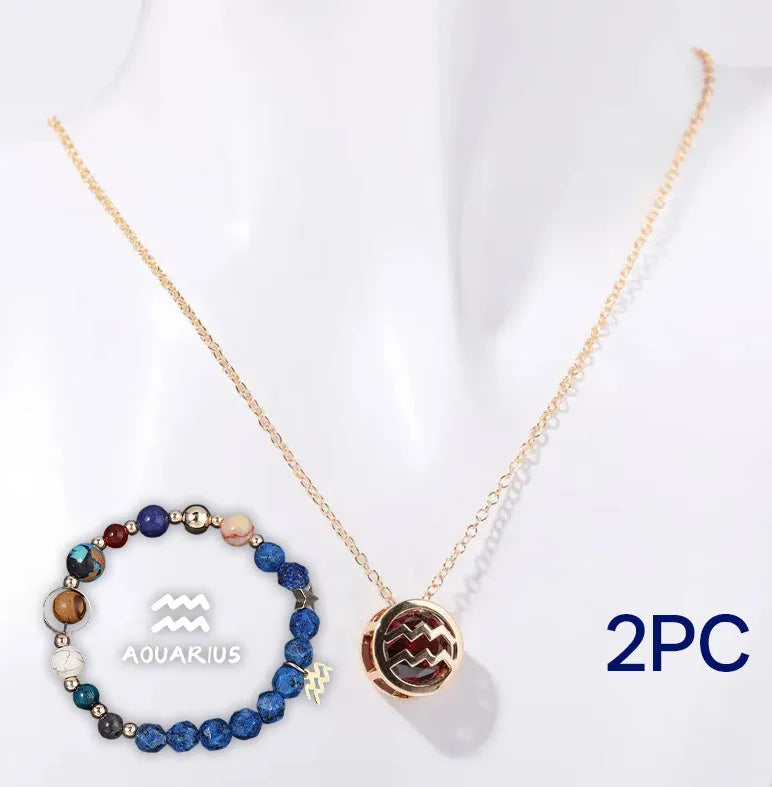 Natural stone beaded necklace and matching bracelet set on a plain background.