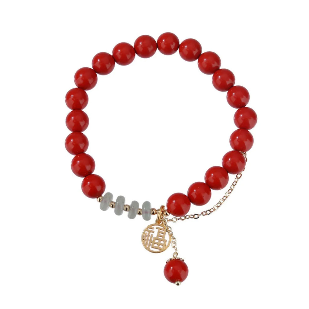 Women's red sand cinnabar bracelet with fu character charm and jade spacer