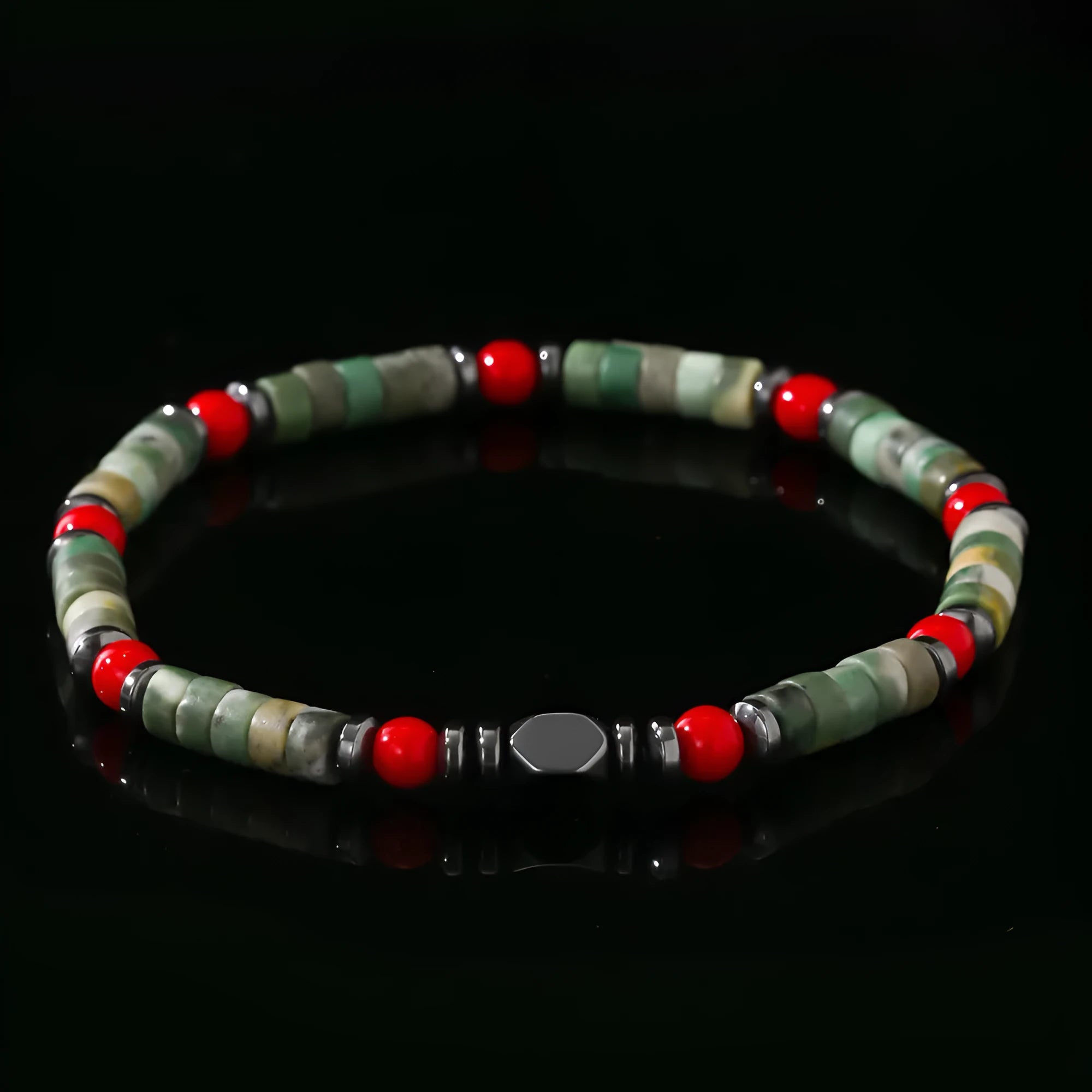Bohemian men's bracelet with cylindrical natural stone beads on a woven string.