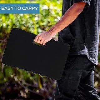 Plastic EVA garden kneeler pad in blue colour with integrated handle, showing dimensions.