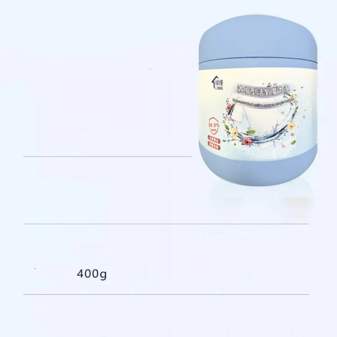 400g bottle of active oxygen bleaching powder with decontamination salt for laundry stain removal.