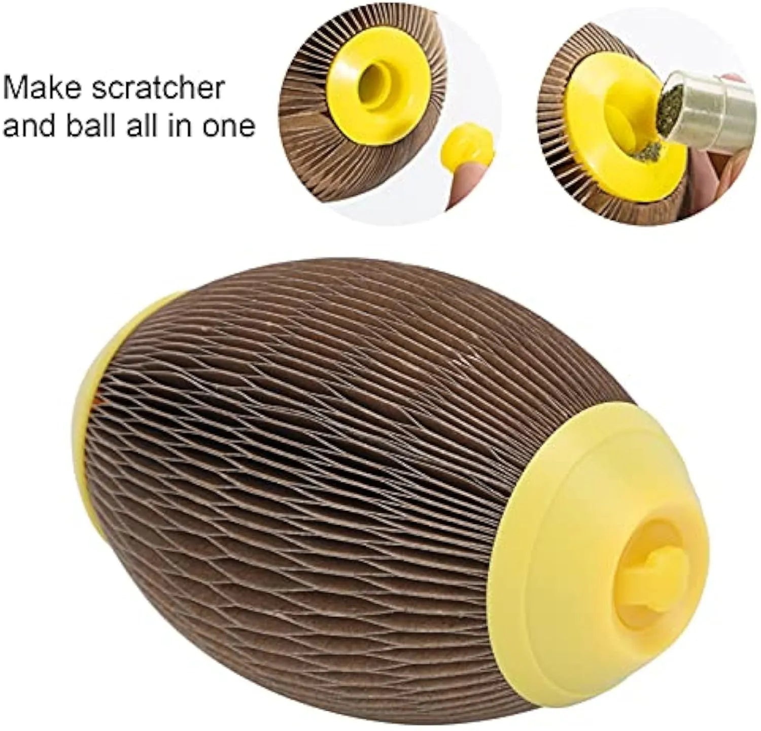 Ellipse-shaped catnip ball toy made of recycled corrugated paper for scratching and play.