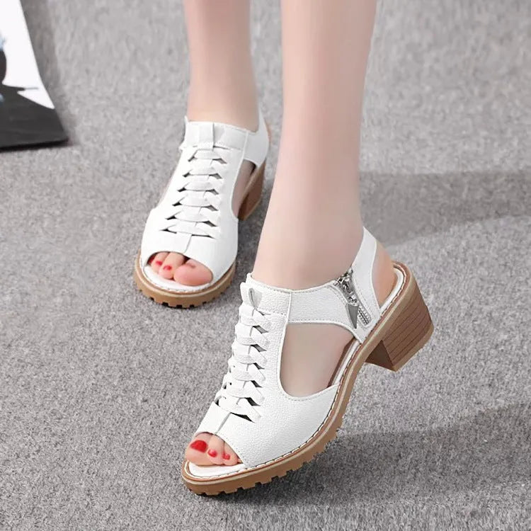 Women's retro sandals with side zip, mid heel, in black, white, and creamy white colours