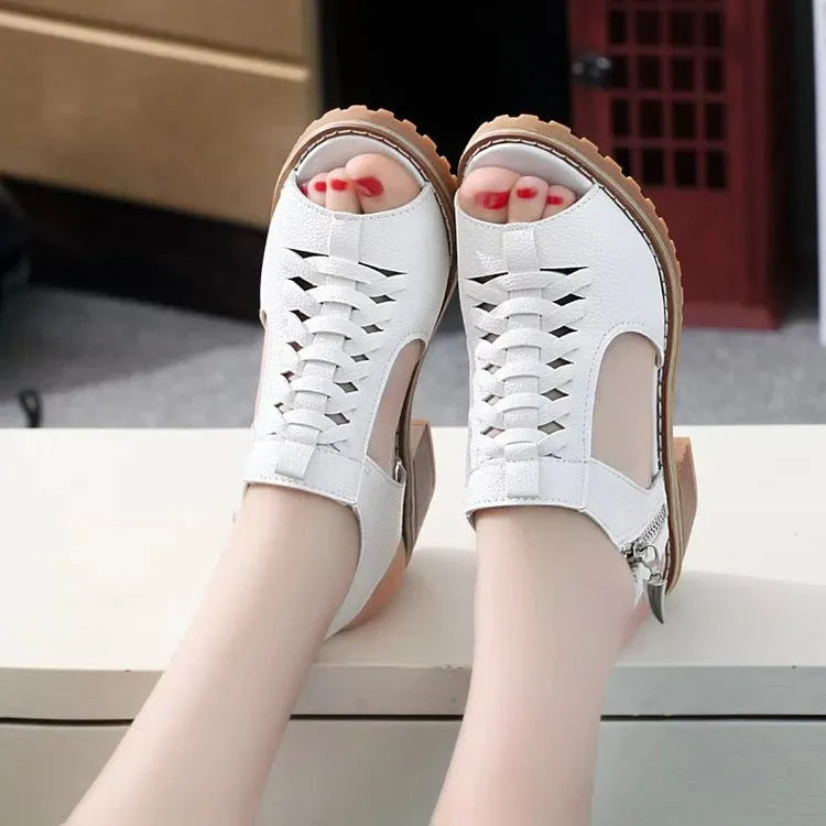 Women's retro sandals with side zip, mid heel, in black, white, and creamy white colours