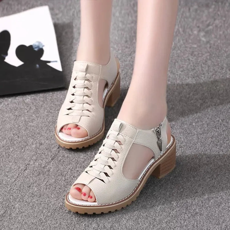 Women's retro sandals with side zip, mid heel, in black, white, and creamy white colours