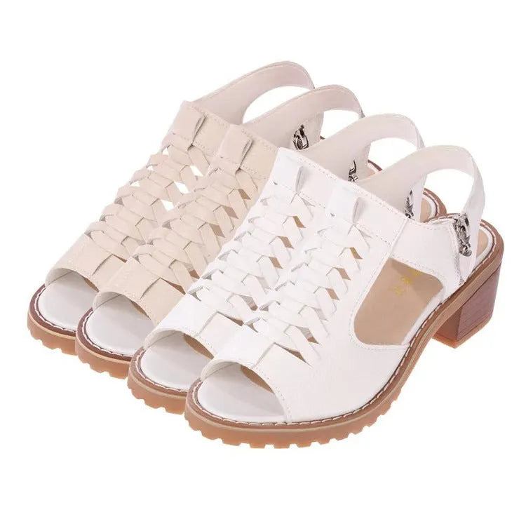 Women's retro sandals with side zip, mid heel, in black, white, and creamy white colours