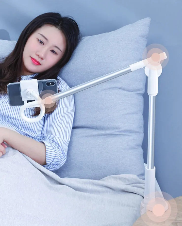 Lazy phone holder in black or white with aluminium alloy clamp 64-90mm and 90mm base clip for table or bed head