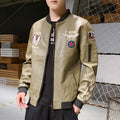 Men's embroidered PU leather motorcycle jacket with standing collar and zipper front in khaki