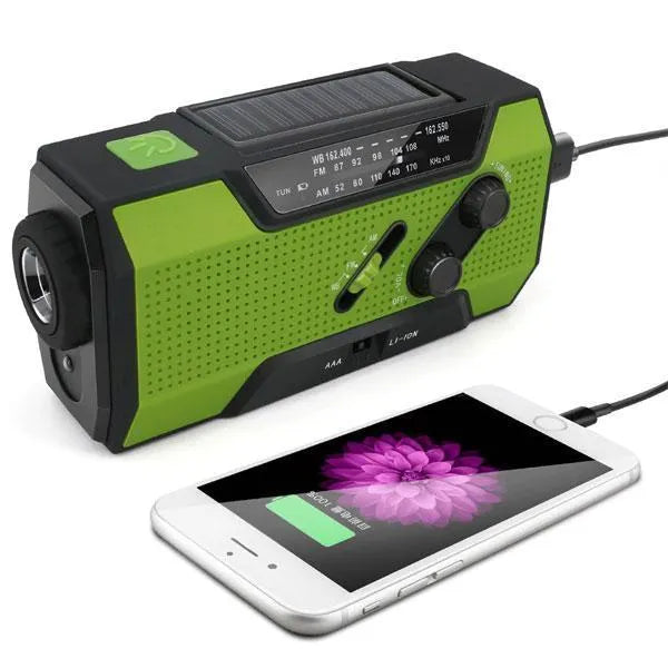 Pocket solar radio in engineering plastic, waterproof, solar charging, available in green, red, white, and yellow.