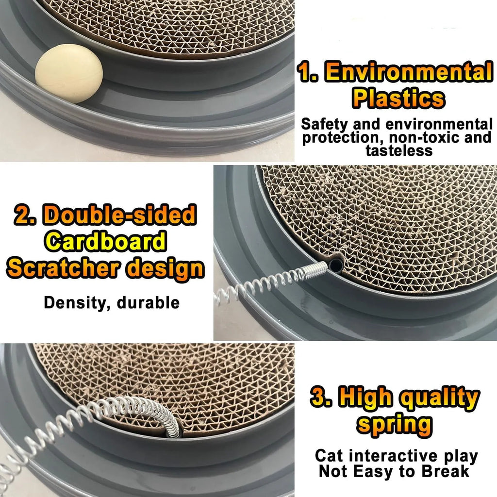 Blue interactive cat scratcher toy with ball track and replaceable scratch pad on a round base.