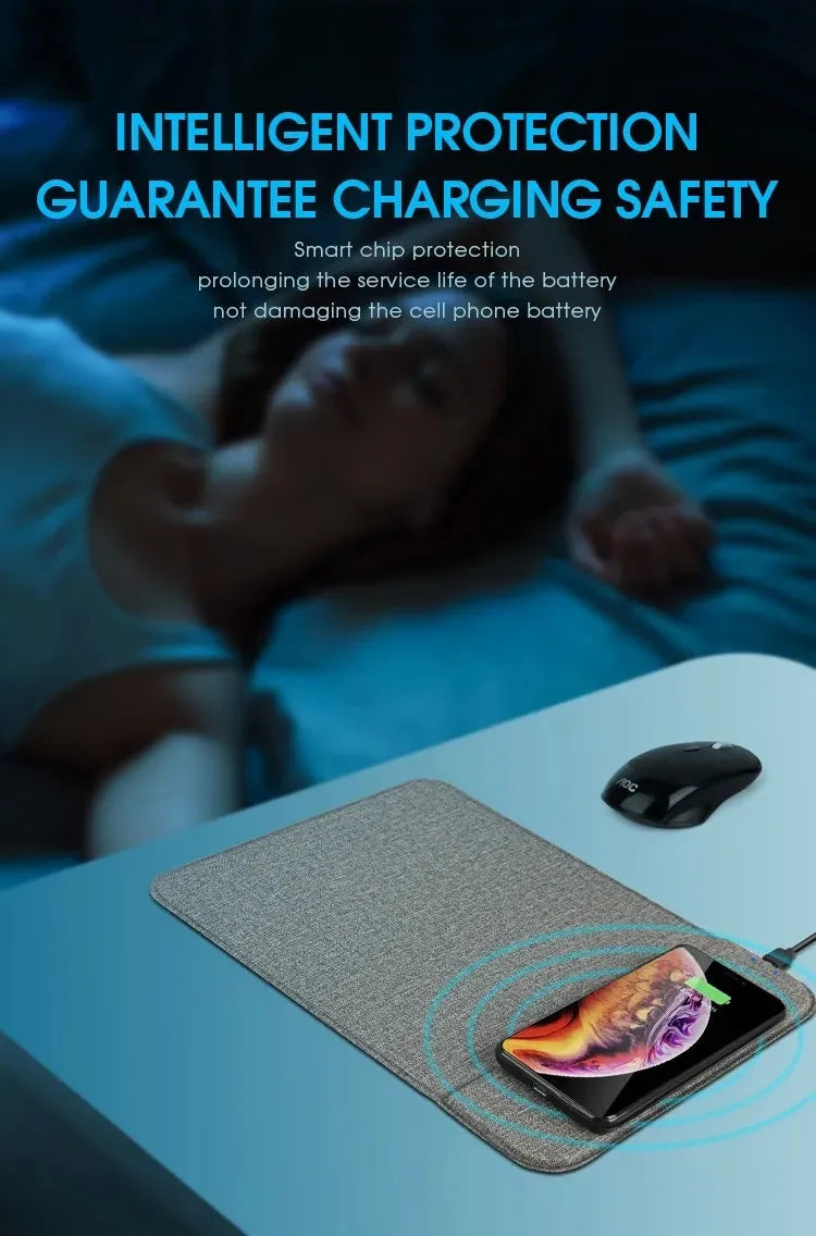 Foldable cloth wireless charging phone holder set up on a desk with a mobile phone charging.