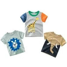 Children's organic cotton t-shirt with animal print in green lion, grey giraffe, or khaki elephant design