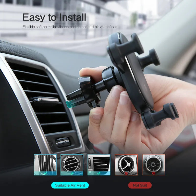 Black car phone holder with 360-degree rotating head on a car dashboard