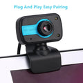 Blue mini driverless USB webcam on a stand with a 1.45m cable and 360-degree rotating head.