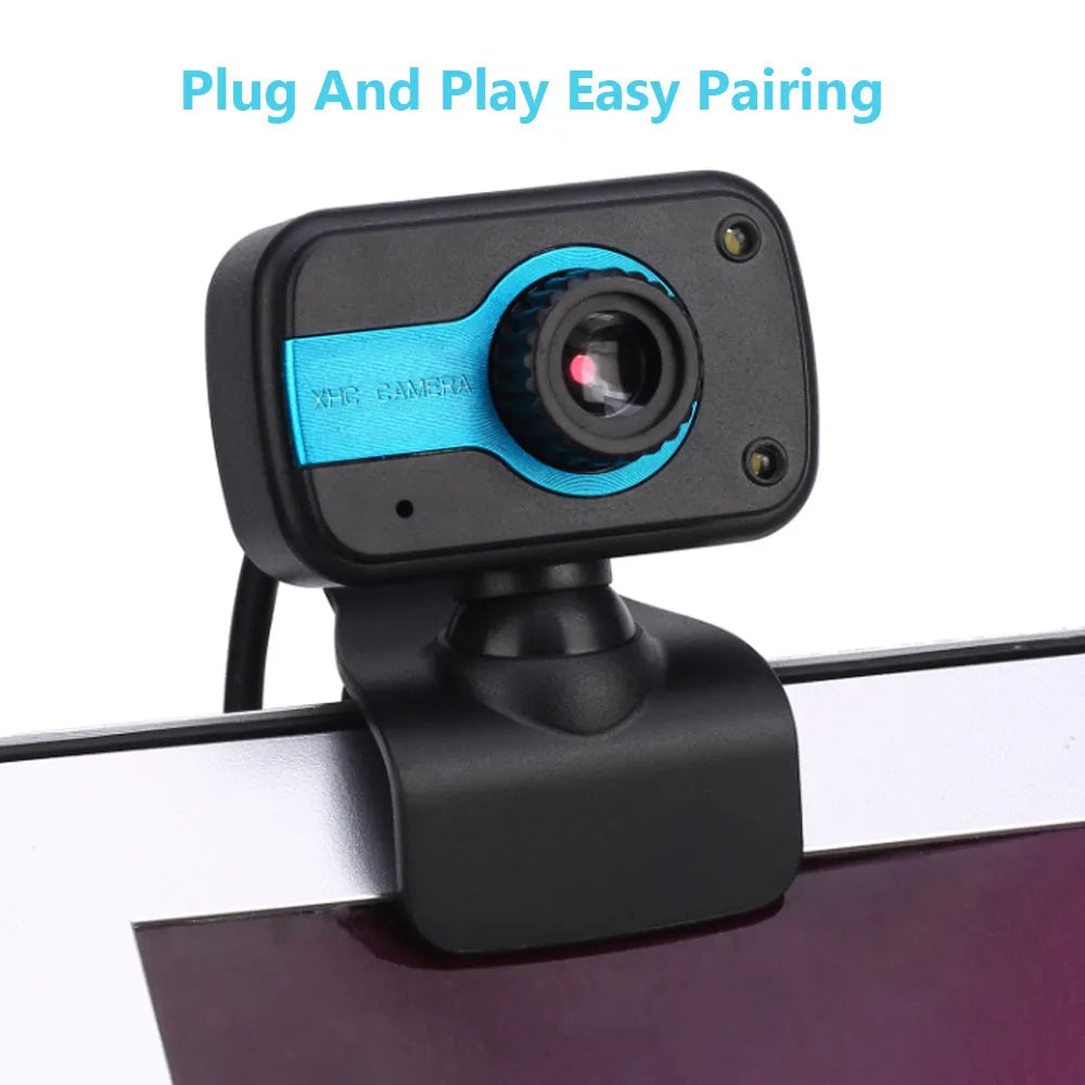 Blue mini driverless USB webcam on a stand with a 1.45m cable and 360-degree rotating head.