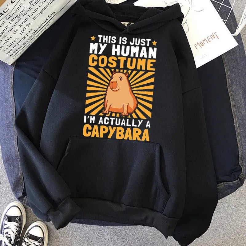 Grey capybara printed hoodie for women, loose fit pullover with hood and side pockets, polyester fibre fabric