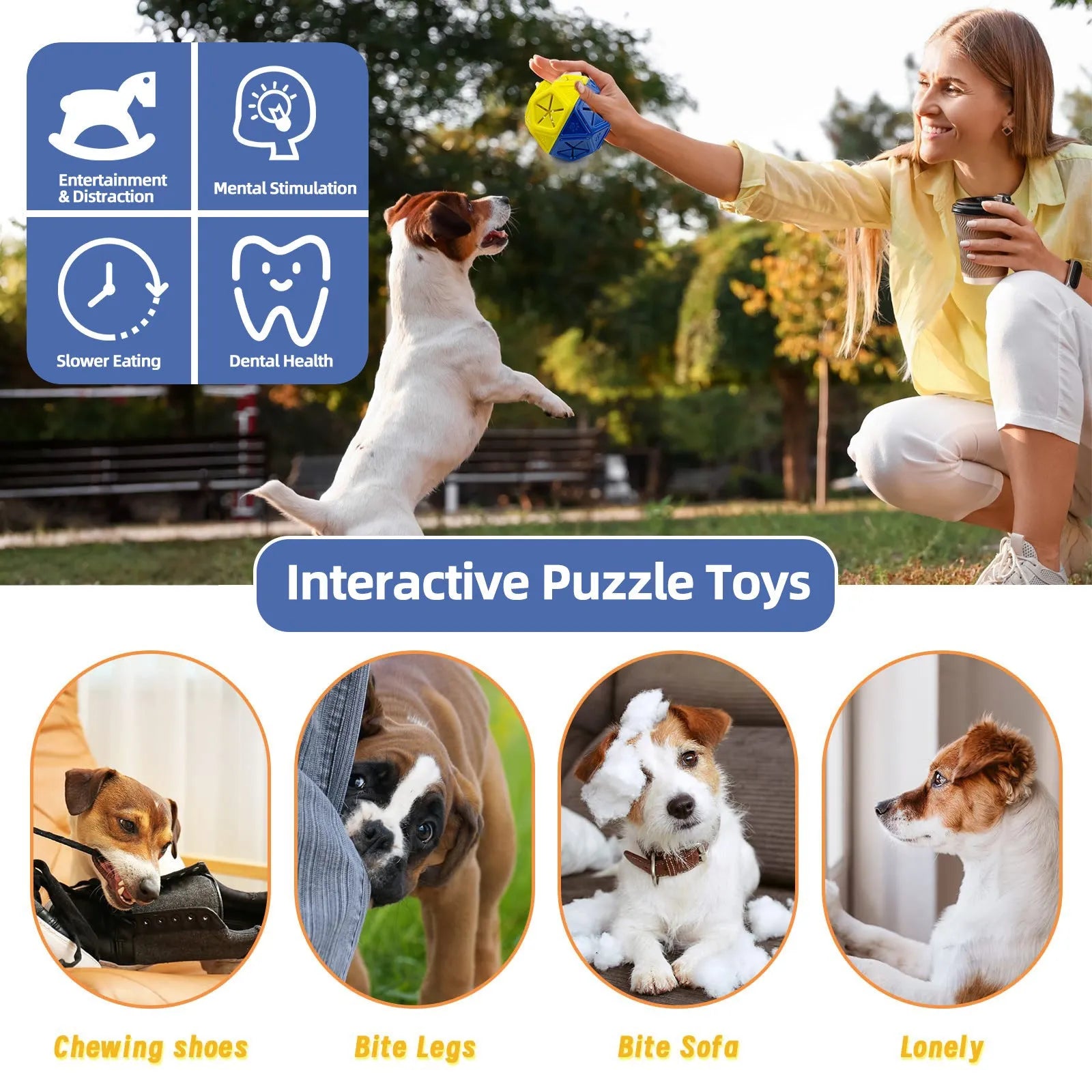 Blue and red hollow dog puzzle ball with treat-dispensing centre for interactive bite-resistant play.