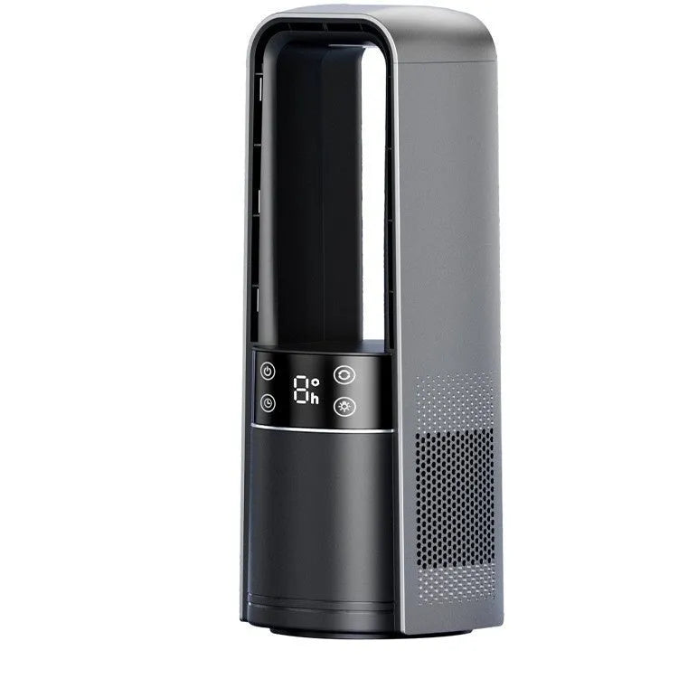 Light grey bladeless twin-turbo fan with digital display, remote control, and 3500mAh USB battery.