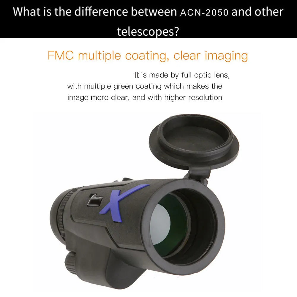 Black 20x50 monocular telescope with 12x magnification and 50mm objective lens