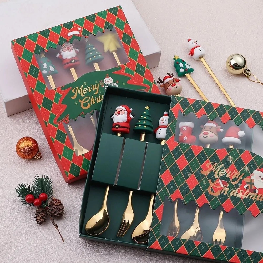 Stainless steel Christmas spoon and fork set with festive handle designs on a red background.