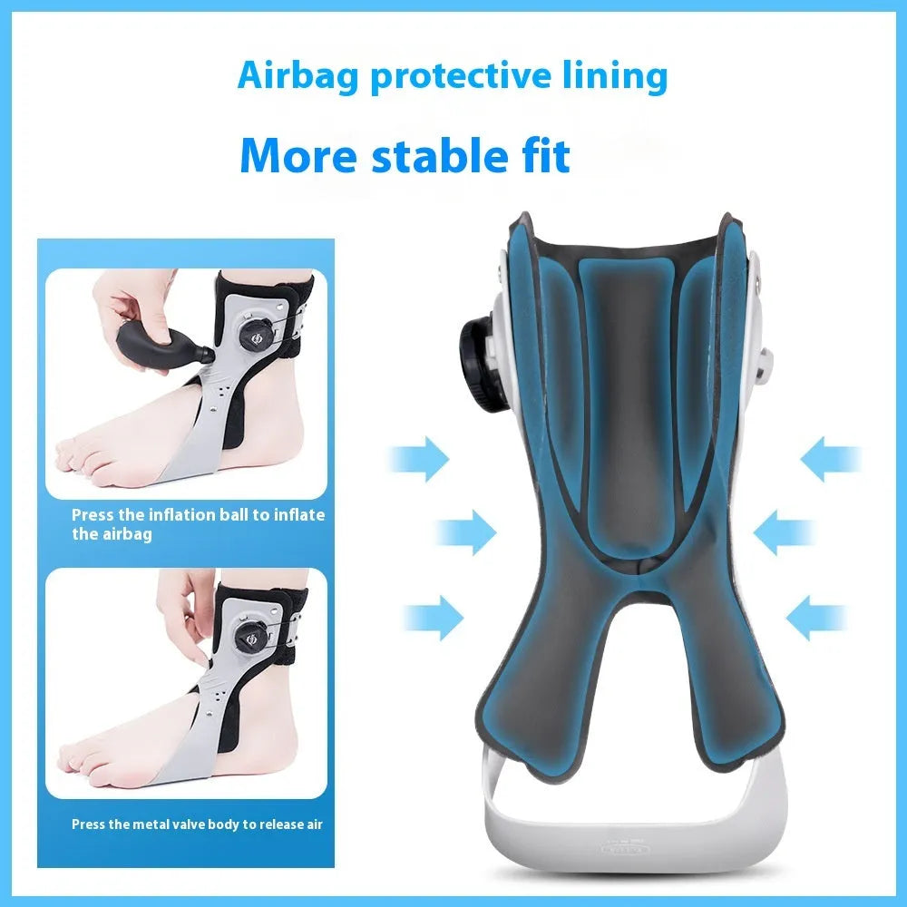 Grey ankle support brace with airbag button compression system showing adjustable fastening