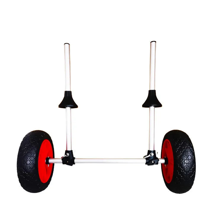 Foldable aluminium kayak beach cart with two black rubber wheels and an upright pull handle, shown folded and extended.