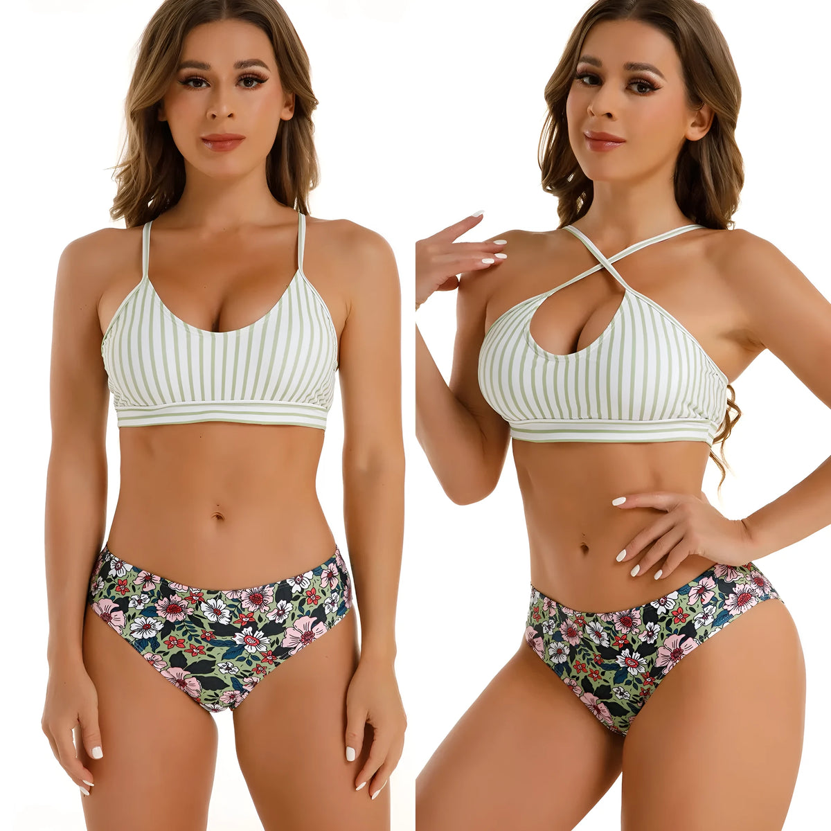Bikini split swimsuit in picture colour, sizes S to XL, briefs style, polyester fabric and spandex-blend lining.