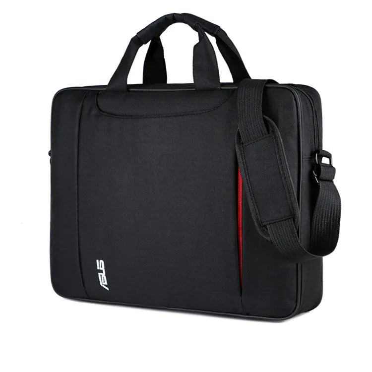 Black waterproof polyester laptop bag with diagonal shoulder strap, suitable for 15.6-inch laptops
