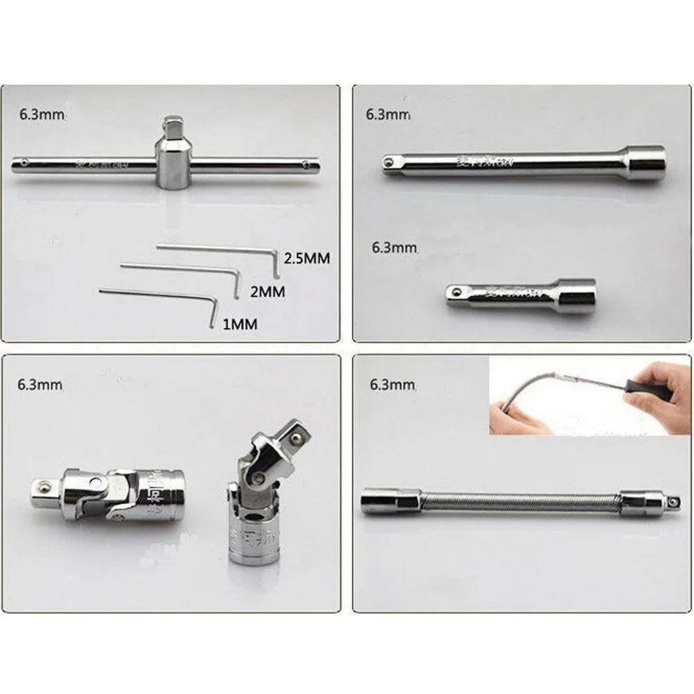 46 piece chrome vanadium steel socket set with ratchet handle, bits, and extensions in a red case