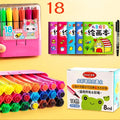 Boxed set of coloured washable painting brushes with hexagonal handles for students.