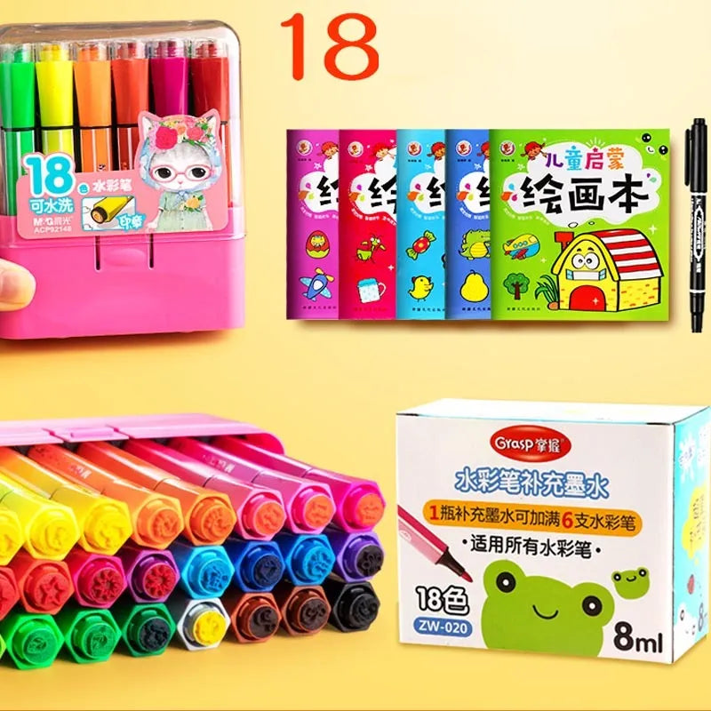 Boxed set of coloured washable painting brushes with hexagonal handles for students.