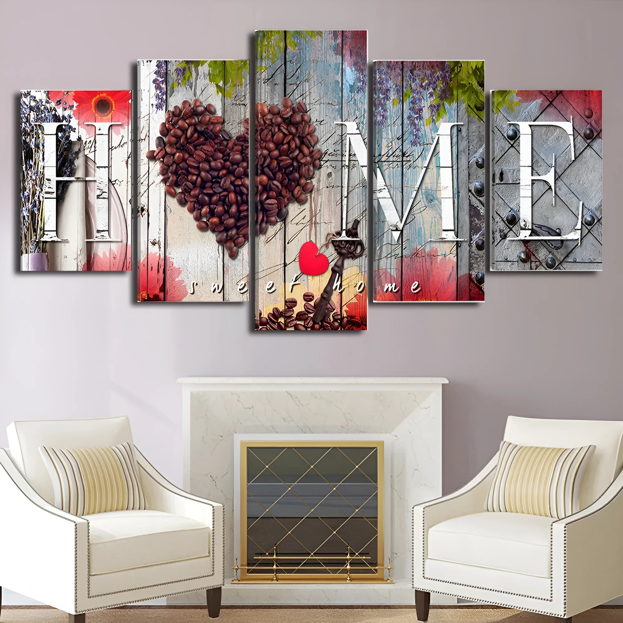 Set of five red unframed oil painting canvases in various sizes for wall decoration.