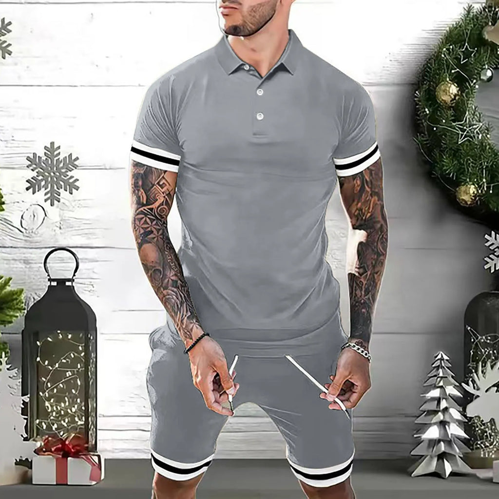 Men's summer polo shirt and shorts set in blue, showing front view of two-piece tracksuit