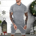 Men's summer polo shirt and shorts set in blue, showing front view of two-piece tracksuit