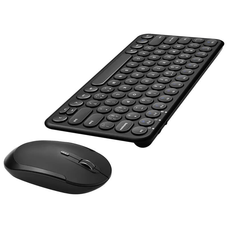 White ultra-thin wireless keyboard and mouse set with a single USB receiver on a wooden desk.