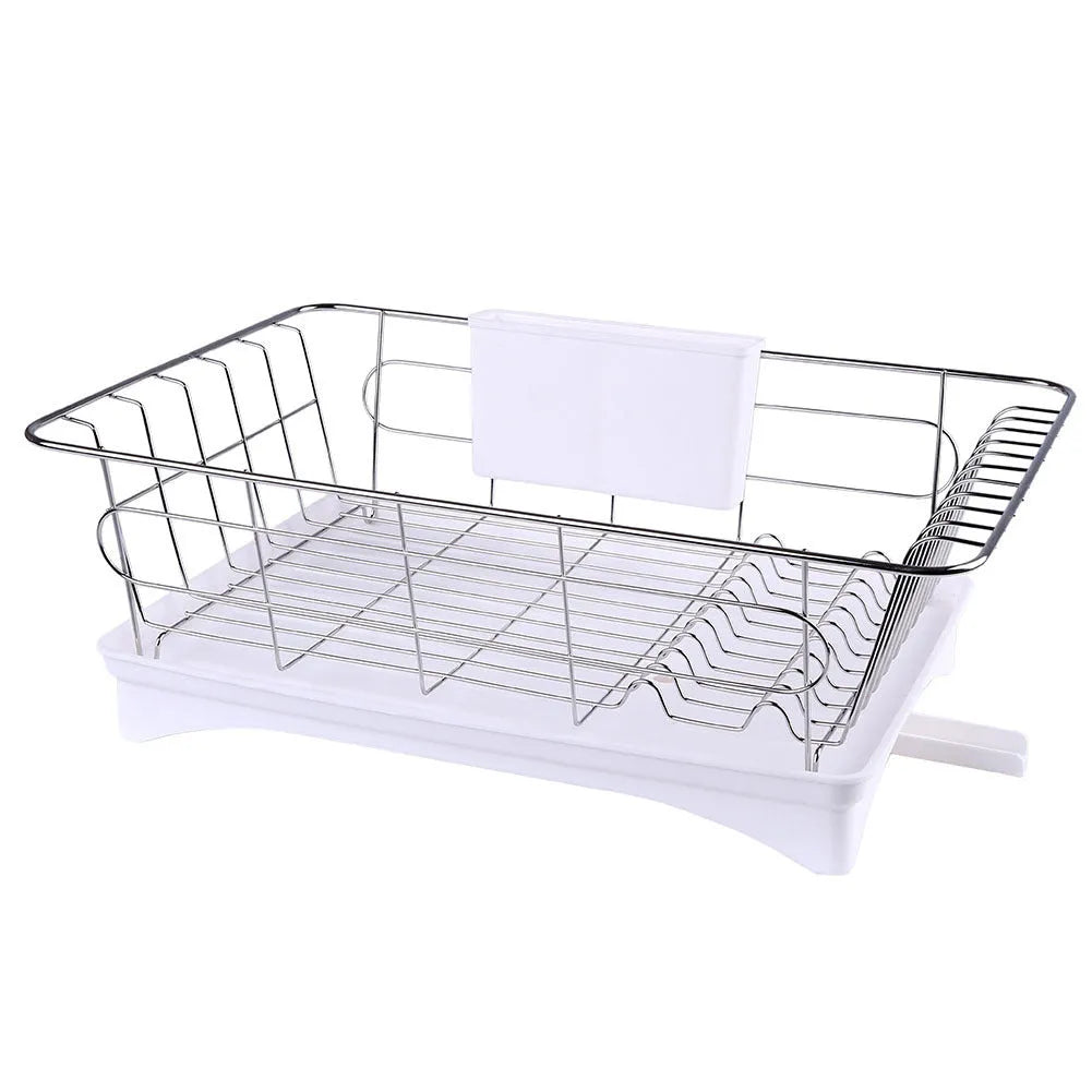 Black stainless steel dish drying rack with cutlery holder and drainboard on a kitchen counter.
