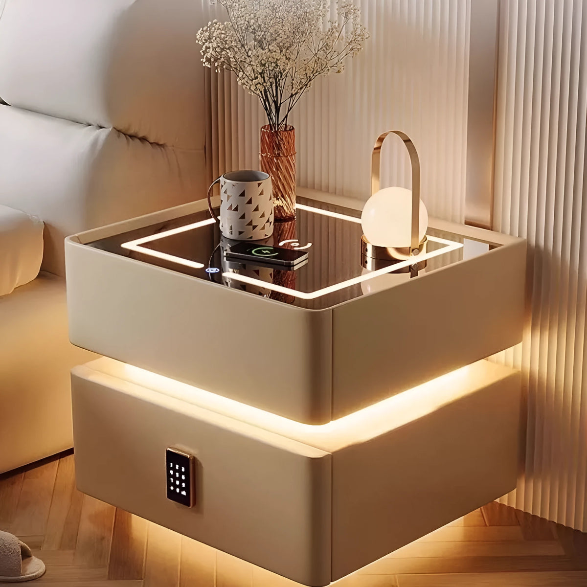 Light luxury wood smart bed cabinet with wireless charging and Bluetooth in Nordic style for living room
