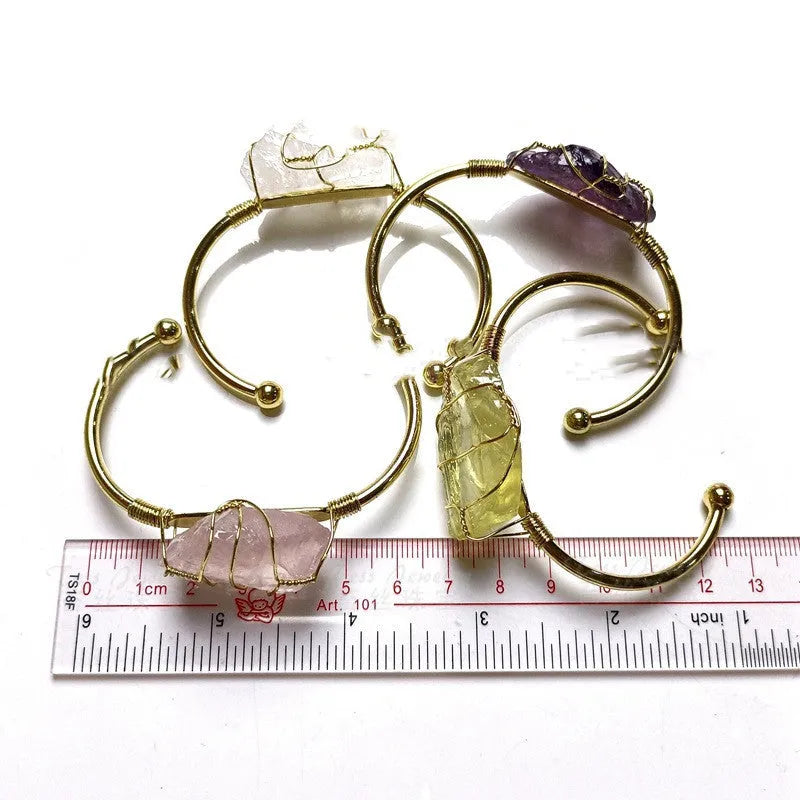 Geometric natural crystal rough stone bracelet with gold winding metal details