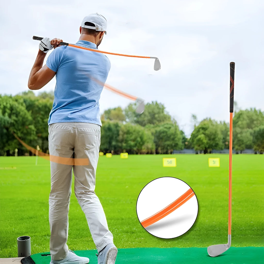 Golf iron swing trainer with soft iron club in orange, measuring 38.5*10cm, used for swing practice.