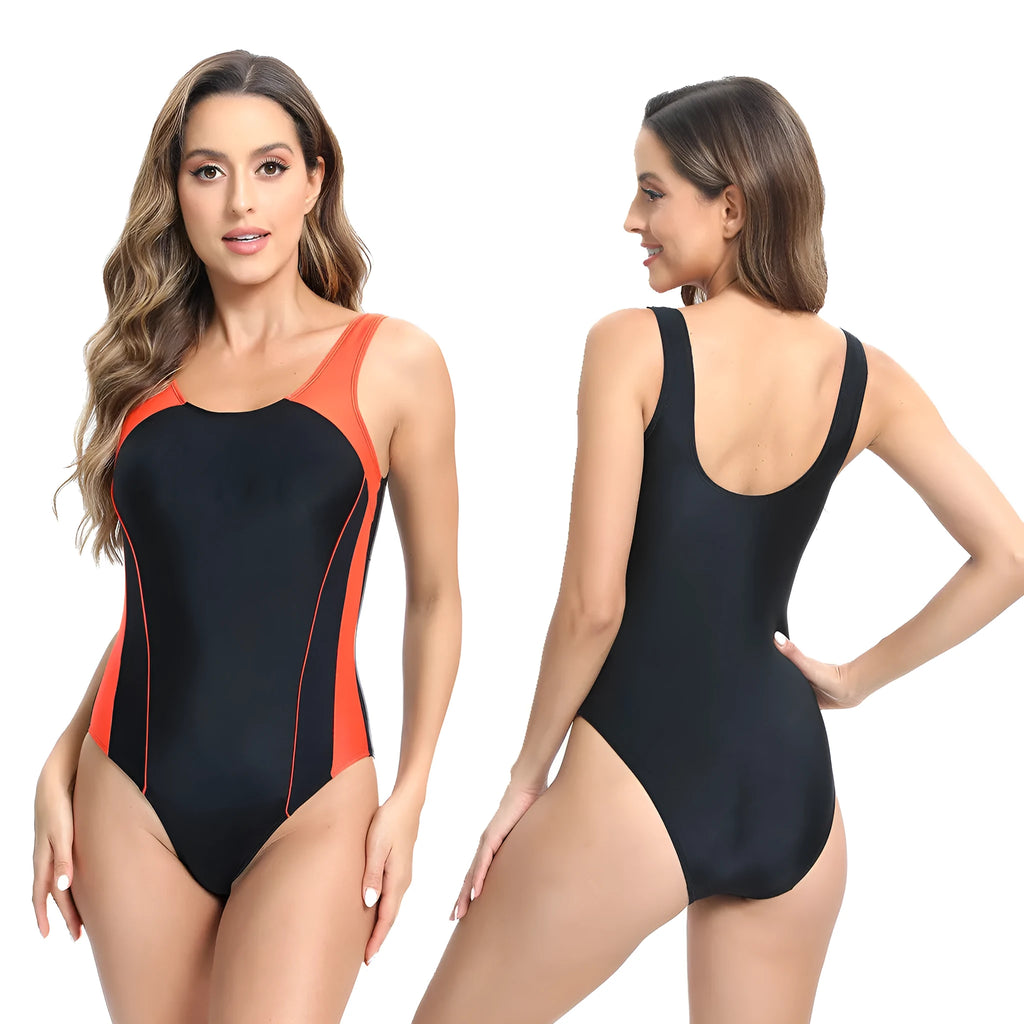 Blue one-piece tight briefs sports swimsuit on a mannequin, showing conservative cut and colour-matched design.