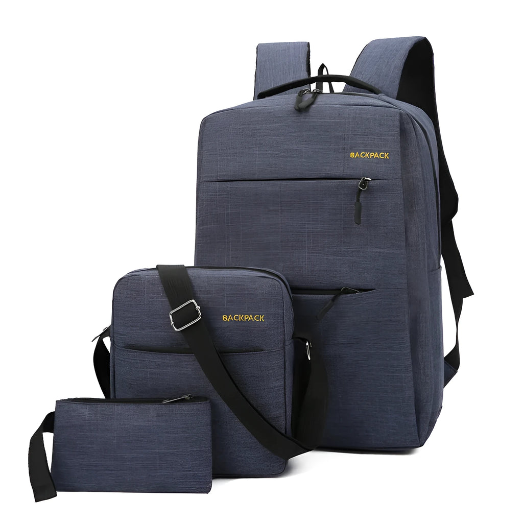 Men's wine red three-piece nylon bag set with USB port, showing internal computer compartment and air pillow straps.