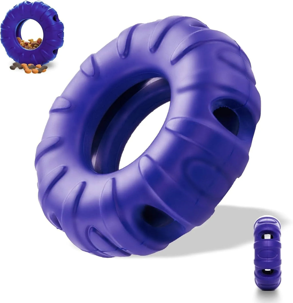 Blue, green, and red beef-flavoured tyre-shaped dog chew toy made from natural rubber.
