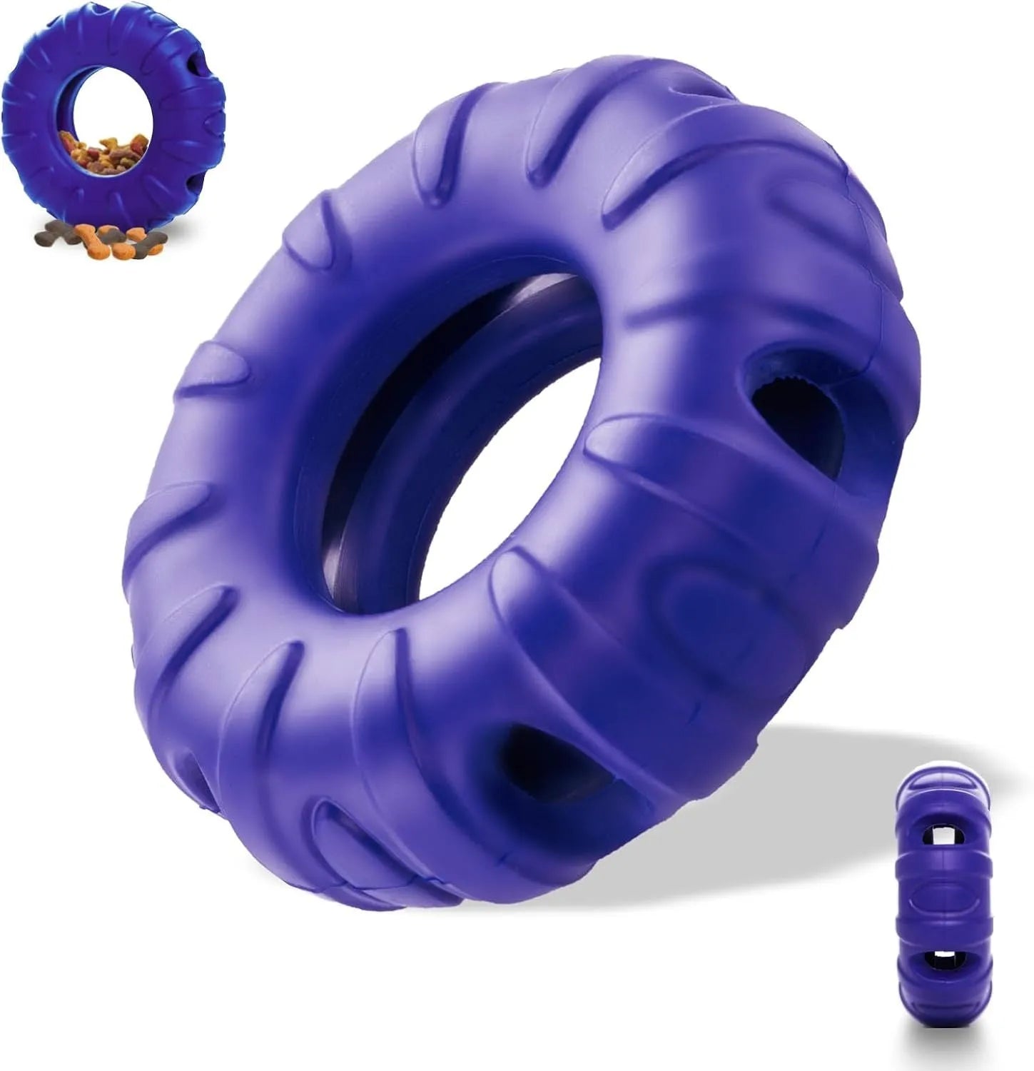 Blue, green, and red beef-flavoured tyre-shaped dog chew toy made from natural rubber.